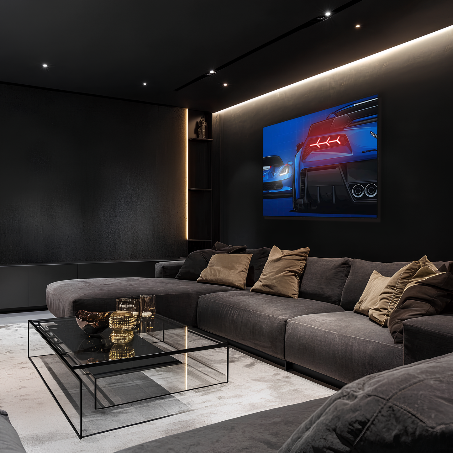 Mavi Corvette Tarzı UV Baskı Neon Duvar Dekoru | Pleksi Işıklı Süper Araba Tablo | Modern Ev ve Ofis Dekoru