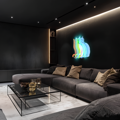 Üç Renkli Kedi Neon Duvar Dekoru | Gökkuşağı Işıklı Pleksi Tablo | Modern ve Minimalist Ev Dekoru