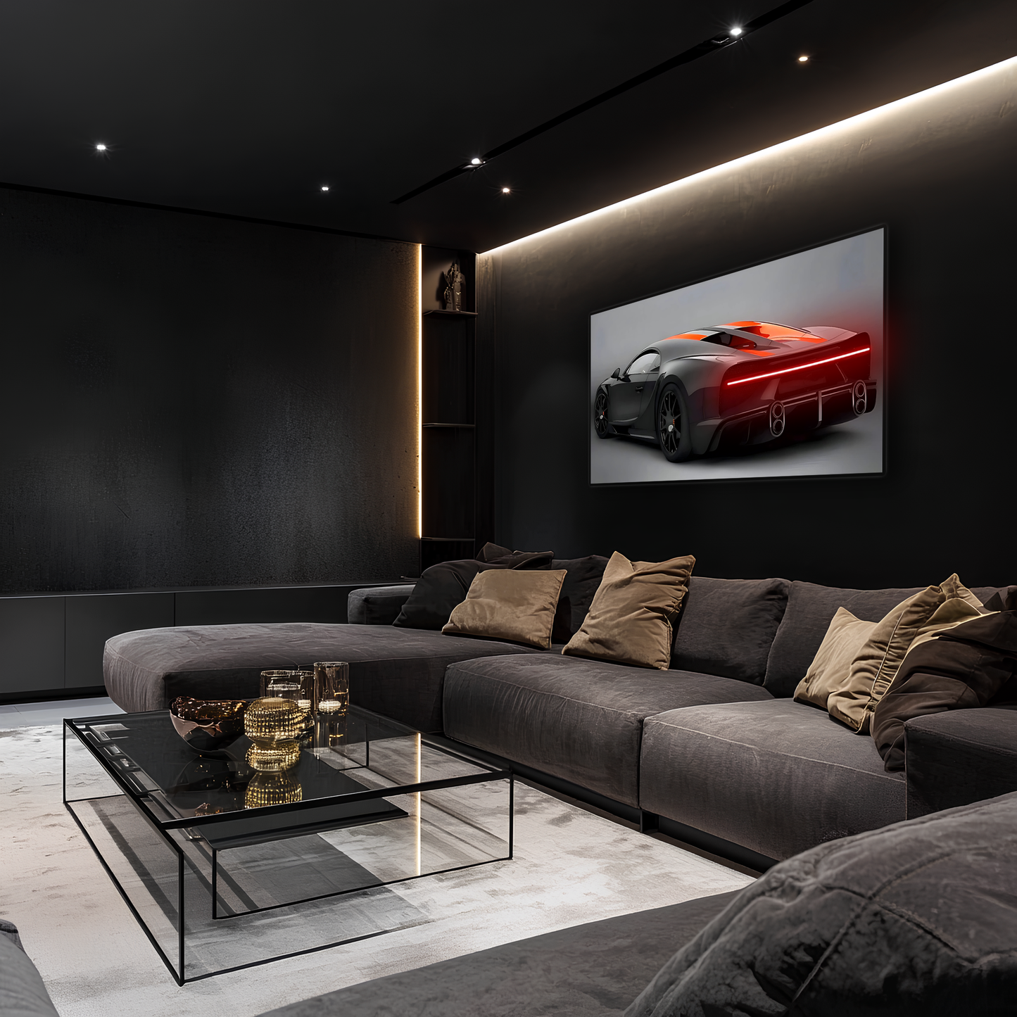 Siyah Bugatti Tarzı UV Baskı Neon Duvar Dekoru | Pleksi Işıklı Süper Araba Tablo | Modern Ev ve Ofis Dekoru