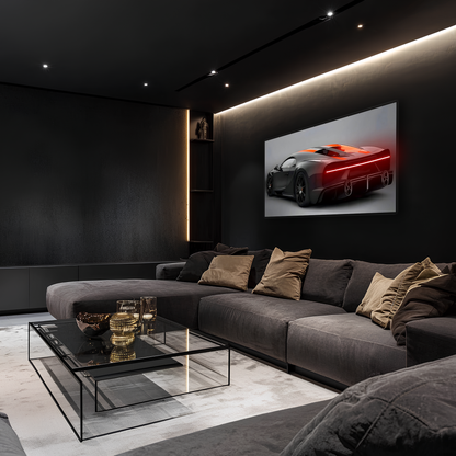 Siyah Bugatti Tarzı UV Baskı Neon Duvar Dekoru | Pleksi Işıklı Süper Araba Tablo | Modern Ev ve Ofis Dekoru
