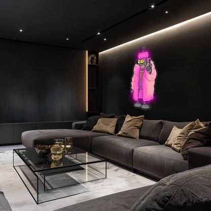 Pembe Ceketli Robot Neon Tablo | Oyun Odası LED Dekor