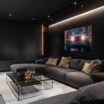 Kırmızı Jeep Tarzı UV Baskı Neon Duvar Dekoru | Pleksi Işıklı Araba Tablo | Gamer Room ve Ofis Dekoru