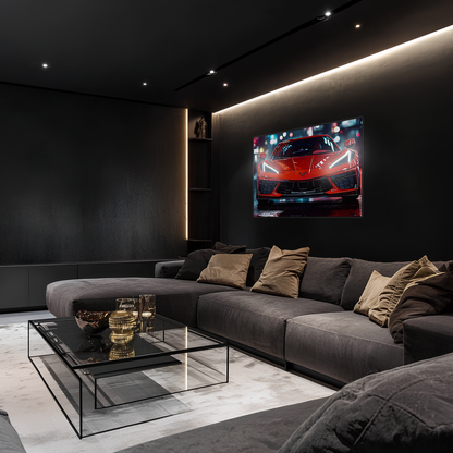 Kırmızı Corvette Tarzı UV Baskı Neon Duvar Dekoru | Pleksi Işıklı Spor Araba Tablo | Gamer Room Duvar Sanatı