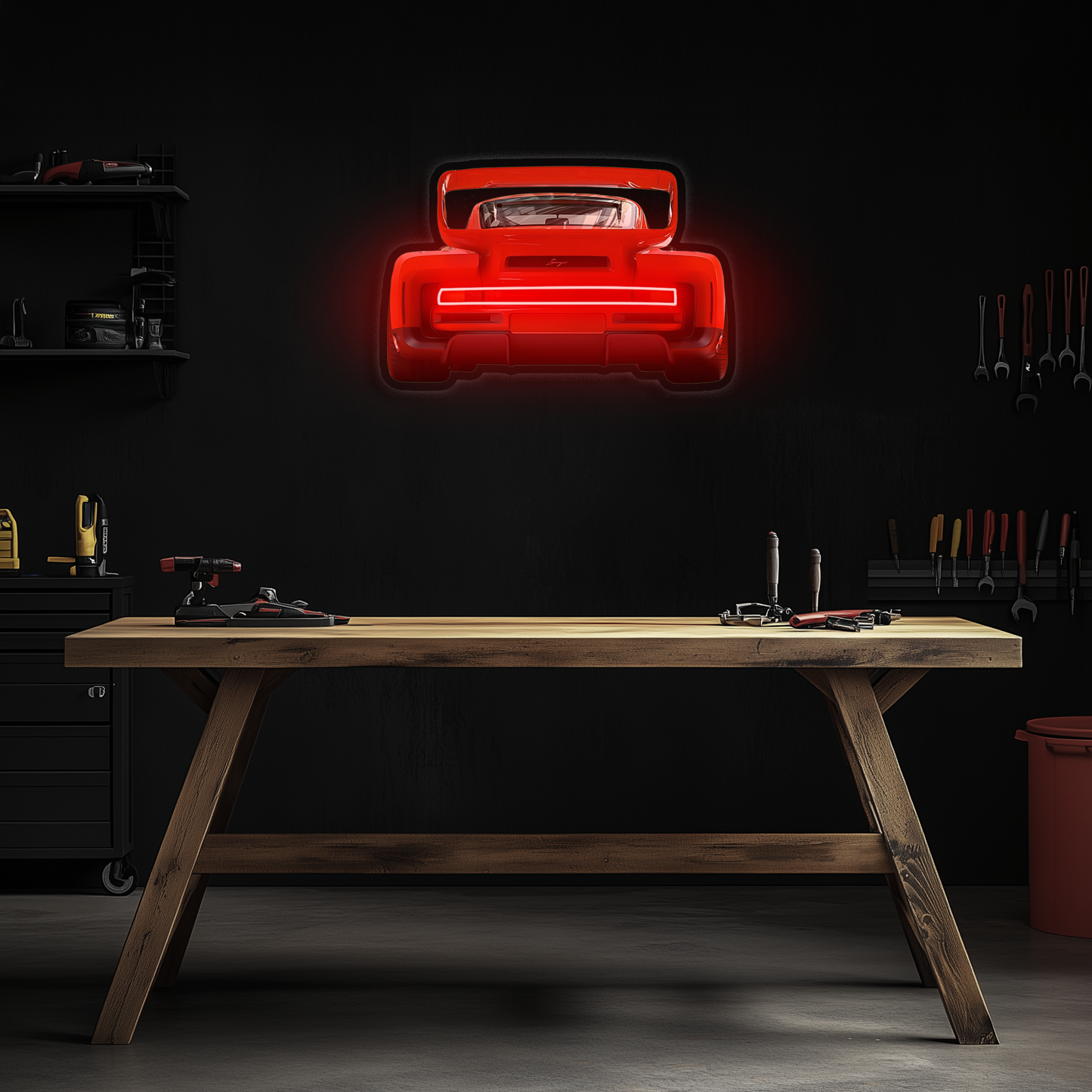 Kırmızı Spor Araba UV Baskı Neon Duvar Dekoru | Pleksi Işıklı Araba Tablo | Garaj ve Atölye Duvar Sanatı