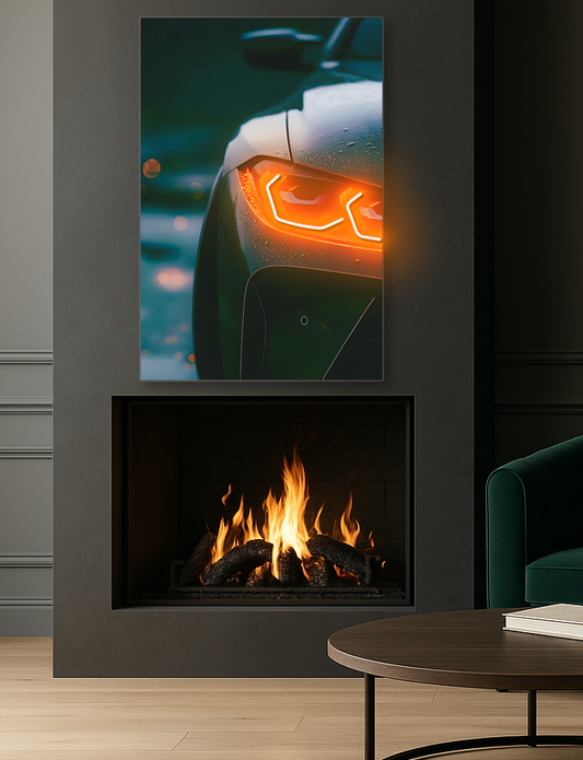 Turuncu Far Detaylı Spor Otomobil UV Baskı Neon Tablo | Pleksi LED Duvar Dekoru | Modern Otomobil Sanatı