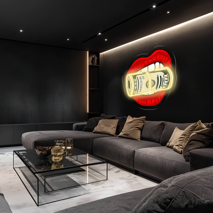 Pop Art Dudak Neon Duvar Dekoru | Para Rulosu Isıran Dudak Tasarımı | Işıklı LED Pleksi Duvar Sanatı