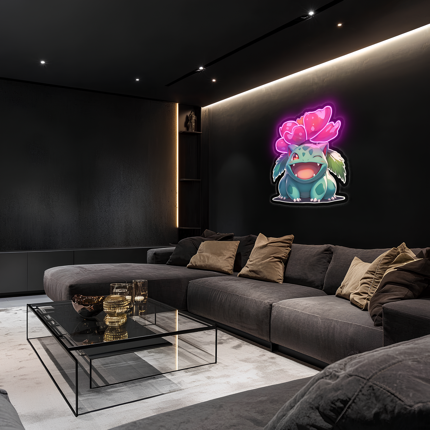 Venusaur Neon Duvar Dekoru | Renkli Çiçekli Pokémon Temalı Işıklı LED Tablo | Pleksi UV Baskı Neon Sanatı