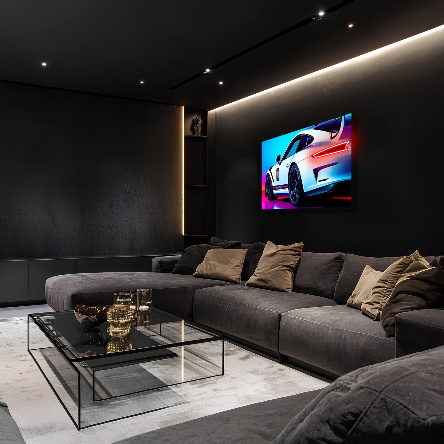 Beyaz GT Yarış Araba UV Baskı Neon Duvar Dekoru | Pleksi Işıklı Spor Araba Tablo | Gamer Room Duvar Sanatı