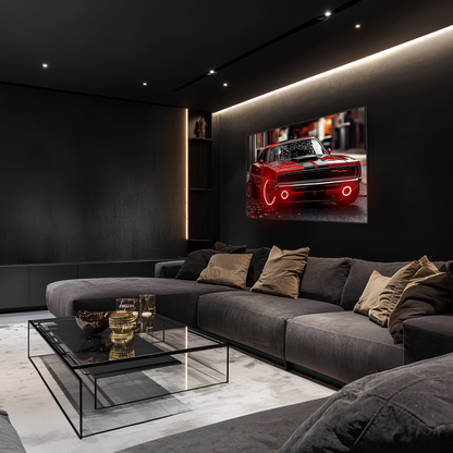 Kırmızı Charger Tarzı UV Baskı Neon Duvar Dekoru | Pleksi Işıklı Retro Araba Tablo | Gamer Room Duvar Sanatı