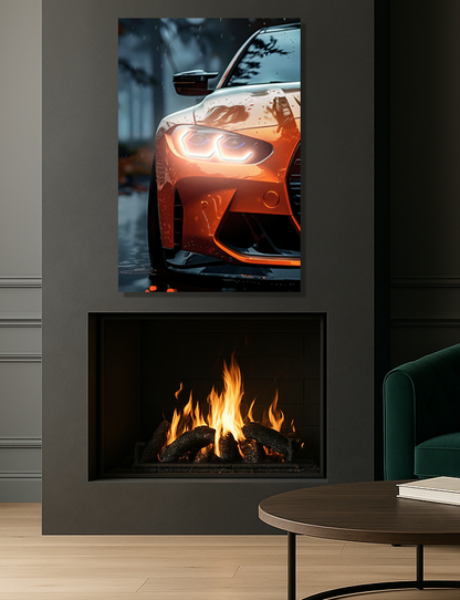 Turuncu Spor Otomobil UV Baskı Neon Duvar Dekoru | Pleksi Üzeri LED Işıklı Tablo | Modern Araba Duvar Sanatı