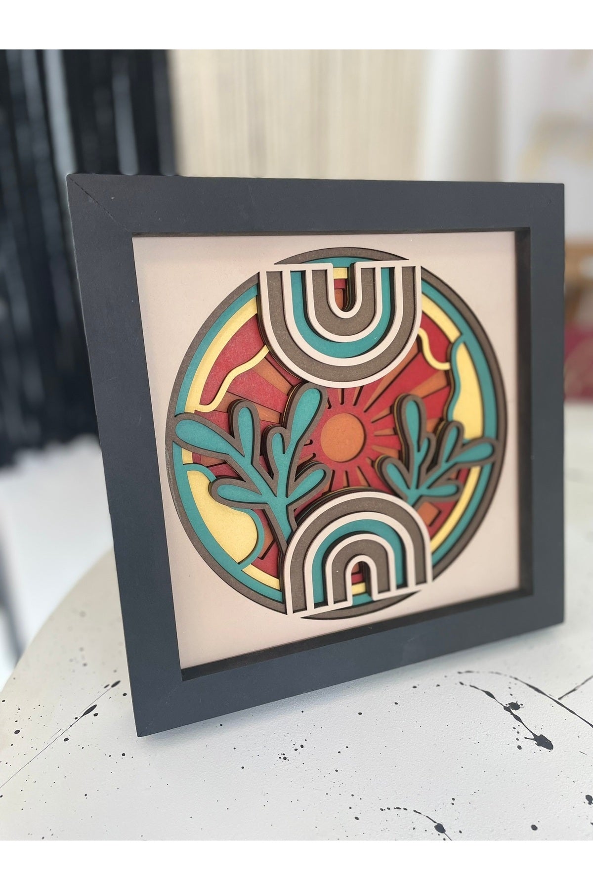 Boho Gökkuşağı & Güneş Katmanlı Tablo – Renkli MDF Çerçeve Duvar Dekoru – El Yapımı Spiritüel Sanat