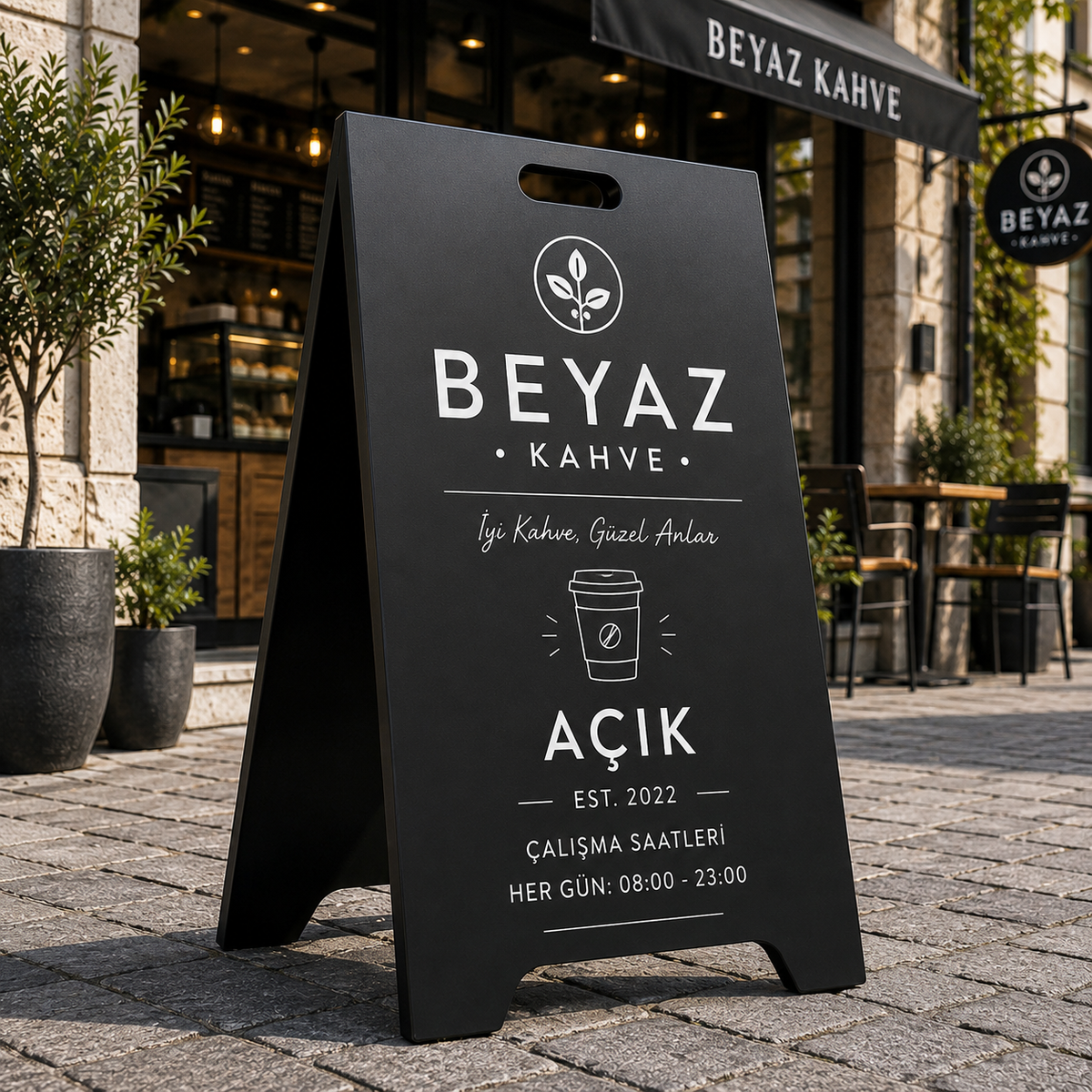 UV Baskılı Dış Mekan Kaldırım Tabelası | Elektrostatik Boyalı Reklam Standı