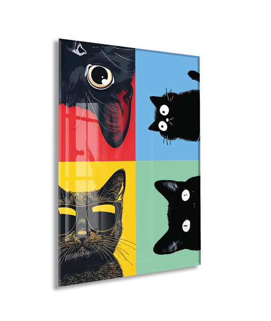 Pop Art Cats – Dört Ruh, Tek Stil Pop Art Duvar Cam Sanatı- Peony052