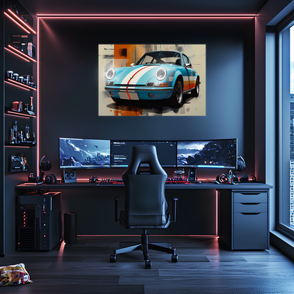 Mavi Retro Yarış Araba UV Baskı Neon Duvar Dekoru | Pleksi Işıklı Tablo | Gamer Room Duvar Sanatı
