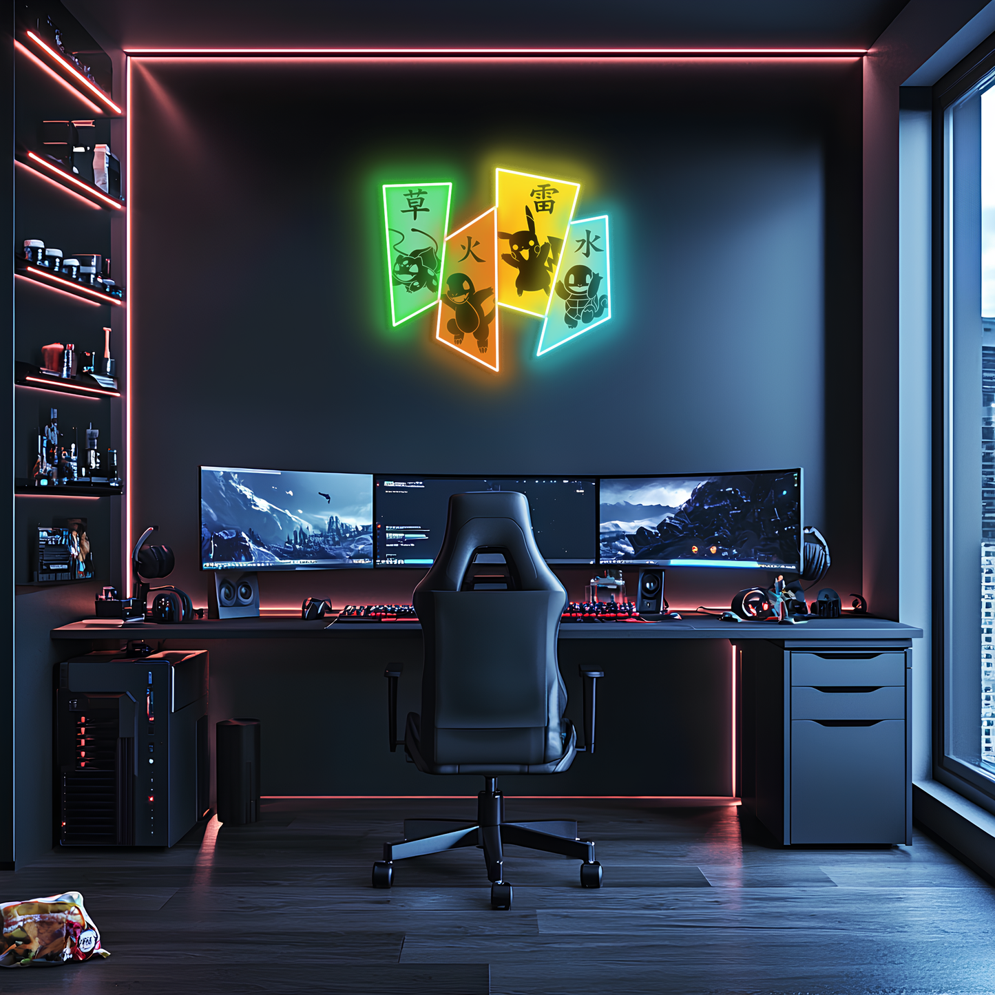 Dörtlü Pokémon Neon Duvar Dekoru | Charmander Squirtle Bulbasaur Temalı LED Duvar Işığı | Gamer & Anime Odası Dekoru