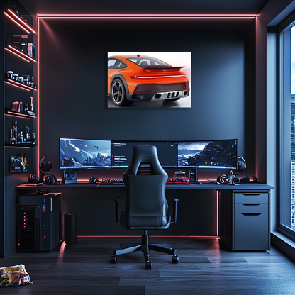 Turuncu GT Tarzı Spor Araba UV Baskı Neon Duvar Dekoru | Pleksi Işıklı Duvar Tablosu | Modern Ev ve Ofis Dekoru