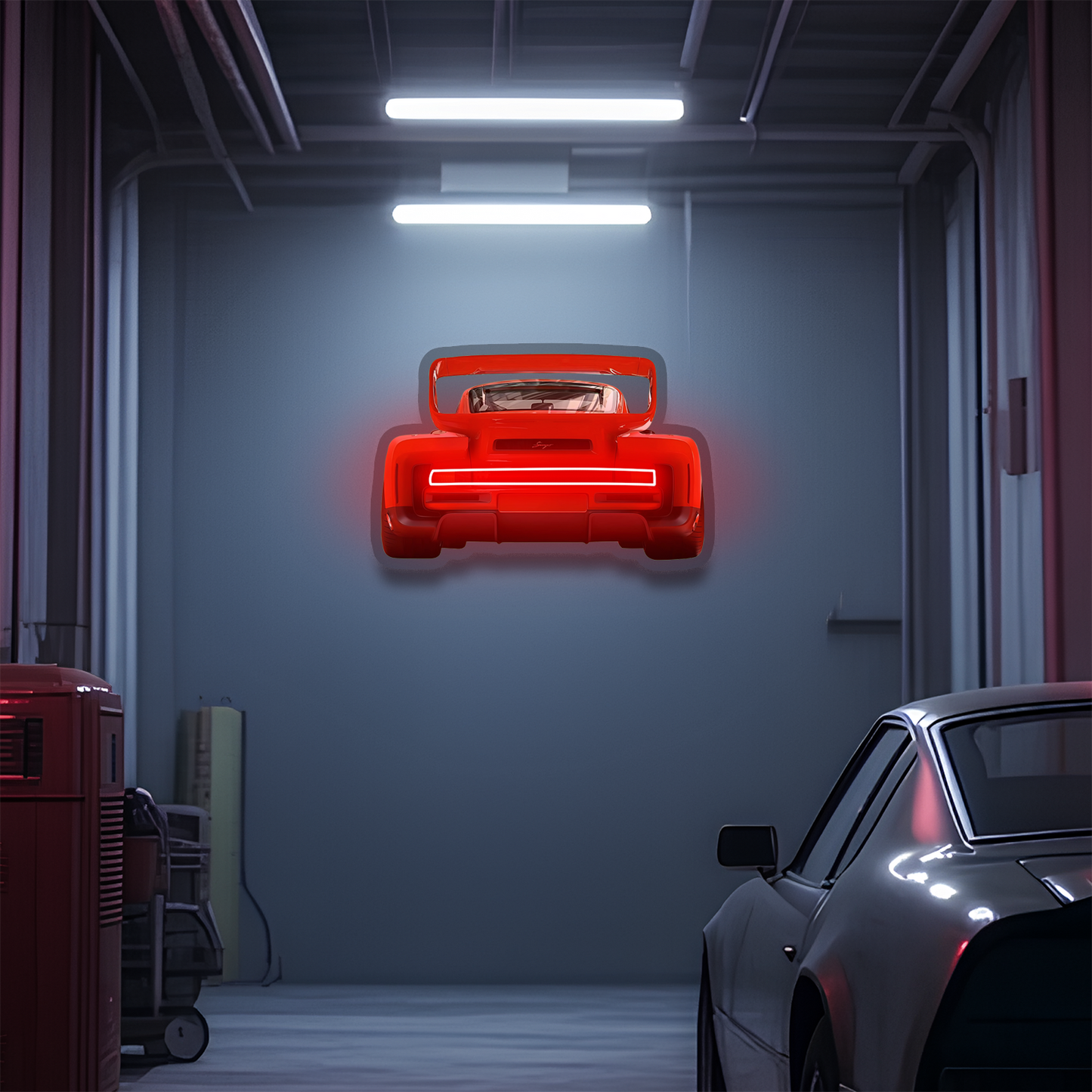 Kırmızı Spor Araba UV Baskı Neon Duvar Dekoru | Pleksi Işıklı Araba Tablo | Garaj ve Atölye Duvar Sanatı