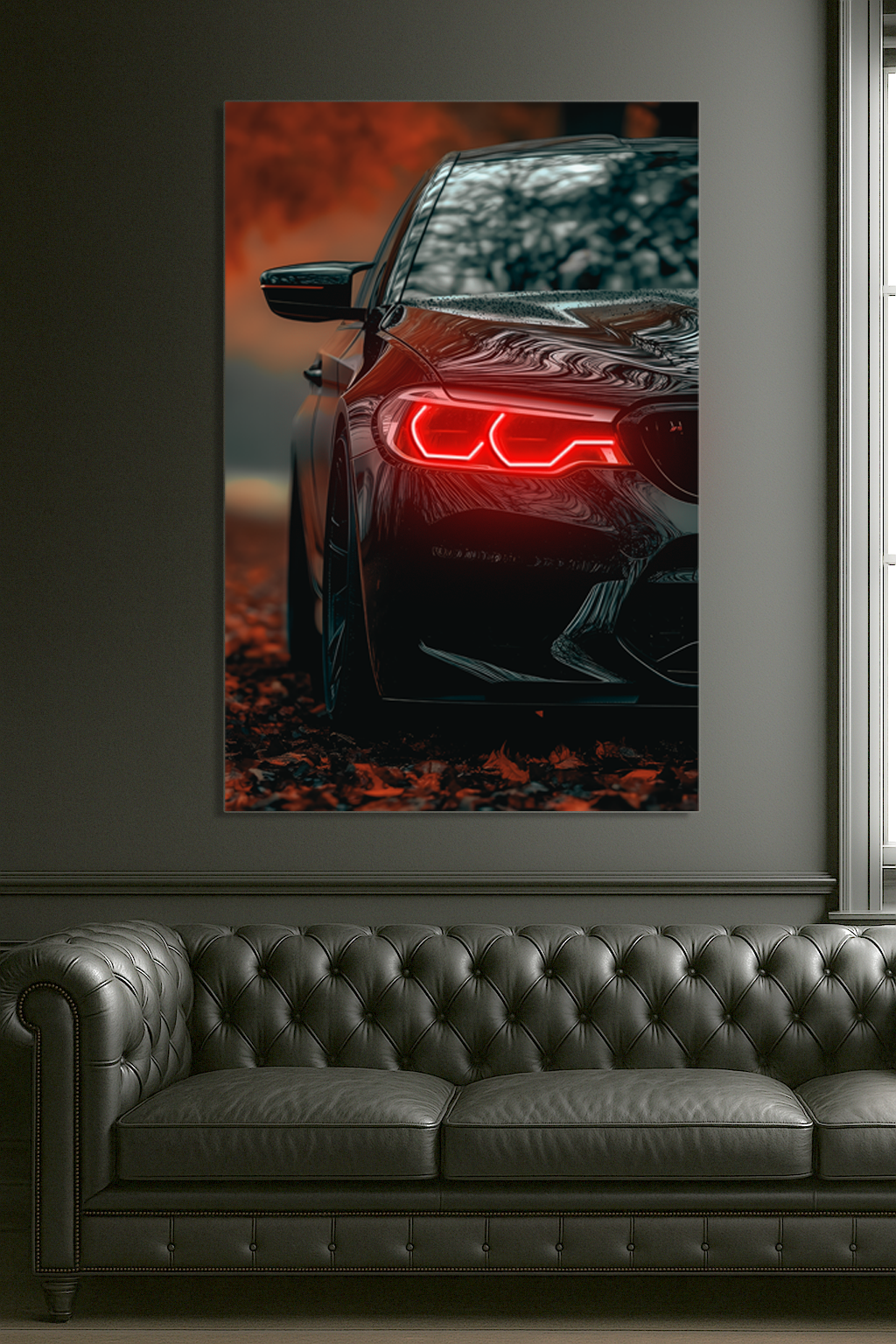 Siyah Spor Otomobil UV Baskı Neon Duvar Tablosu | Kırmızı LED Işıklı Pleksi Duvar Dekoru | Modern Otomobil Sanatı