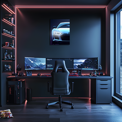 Audi R Tarzı UV Baskı Neon Duvar Dekoru | Pleksi Işıklı Spor Araba Tablo | Gamer Room Dekorasyonu