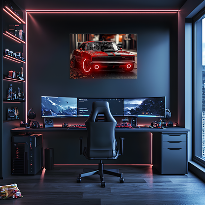 Kırmızı Charger Tarzı UV Baskı Neon Duvar Dekoru | Pleksi Işıklı Retro Araba Tablo | Gamer Room Duvar Sanatı