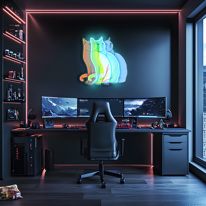 Üç Renkli Kedi Neon Duvar Dekoru | Gökkuşağı Işıklı Pleksi Tablo | Modern ve Minimalist Ev Dekoru