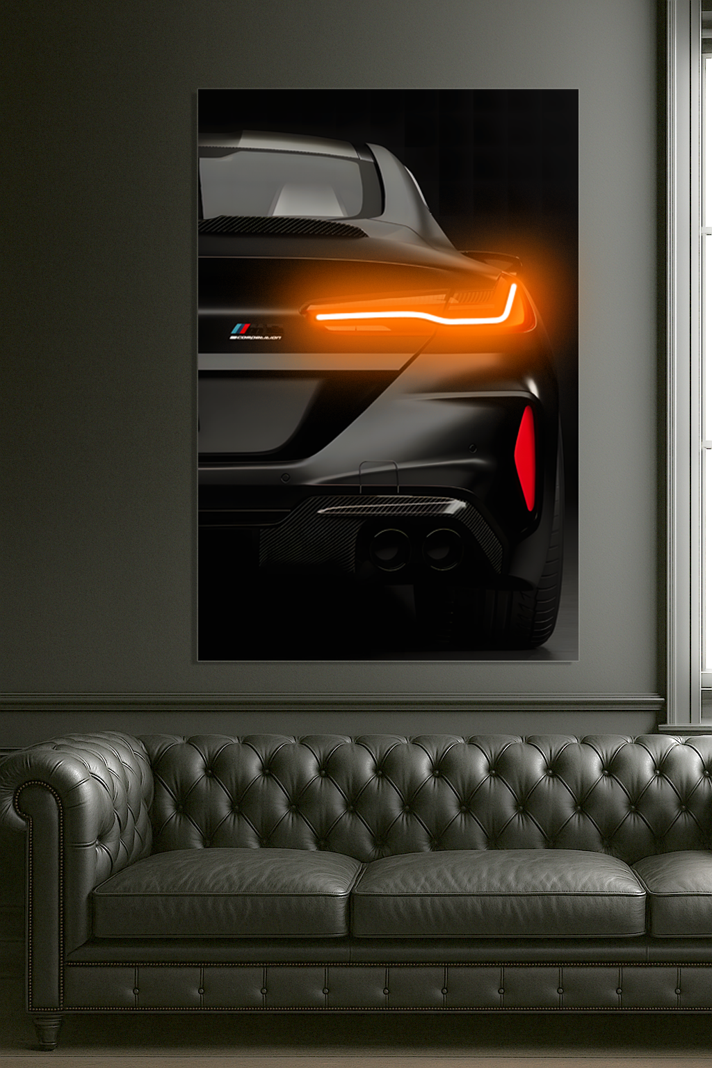 Siyah Spor Otomobil UV Baskı Neon Duvar Dekoru | LED Işıklı Pleksi Tablo | Modern Lüks Araba Duvar Sanatı