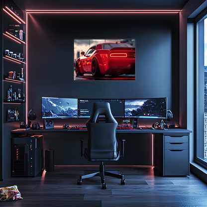 Kırmızı Muscle Car UV Baskı Neon Duvar Dekoru | Pleksi Işıklı Spor Araba Tablo | Modern Ev ve Ofis Dekoru