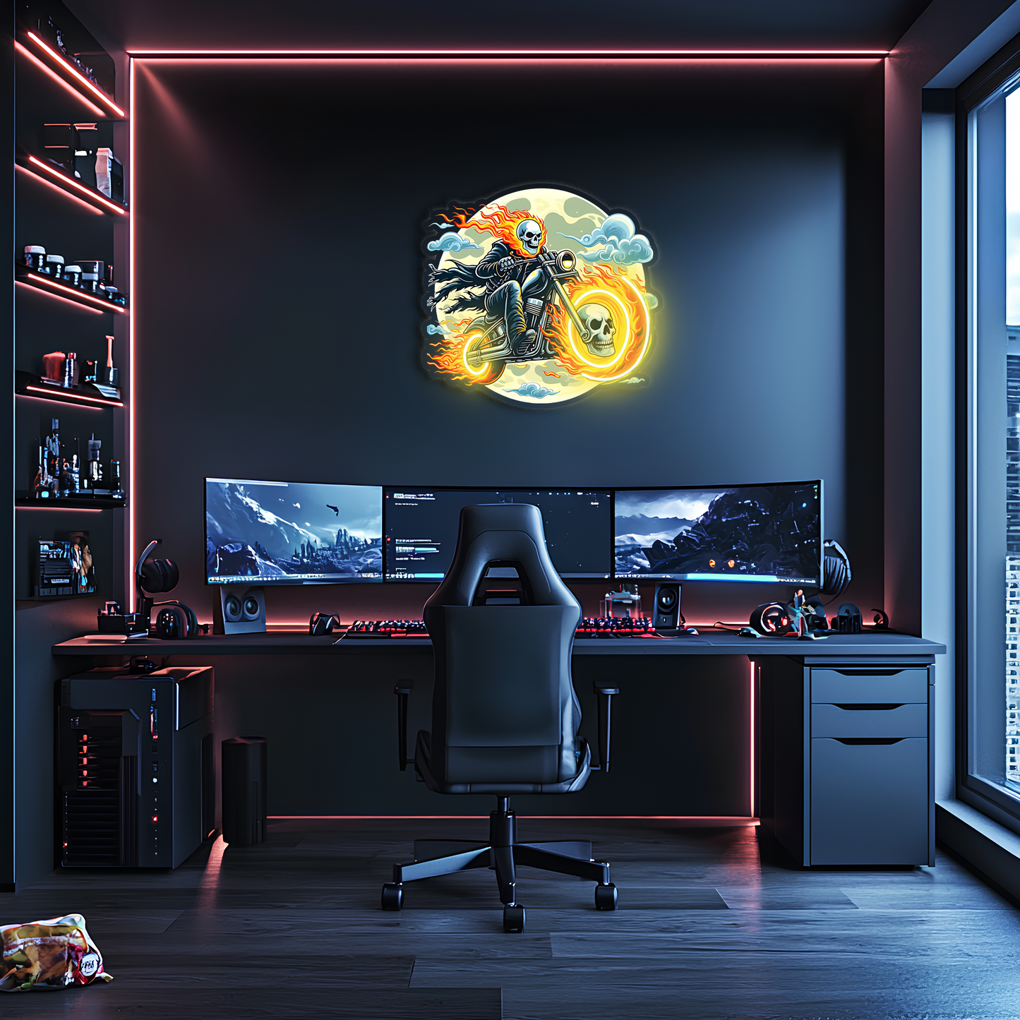 Ateşli Motorcu Neon Duvar Dekoru | İskelet Motosiklet Temalı LED Işıklı Pleksi Tablo | Gamer & Garaj Dekoru