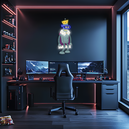 Kral Robot Neon Duvar Dekoru | Pleksi UV Baskı LED Işıklı Tablo | Oyun Odası ve Modern Ev Dekoru İçin Neon Sanat