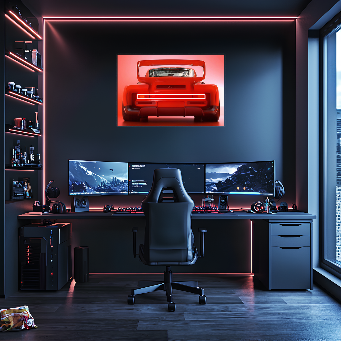 Kırmızı Muscle Car UV Baskı Neon Duvar Dekoru | Gamer Room Işıklı Araba Tablo | Pleksi Duvar Sanatı