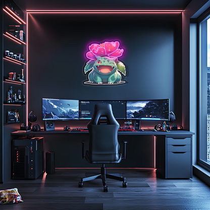 Venusaur Neon Duvar Dekoru | Renkli Çiçekli Pokémon Temalı Işıklı LED Tablo | Pleksi UV Baskı Neon Sanatı
