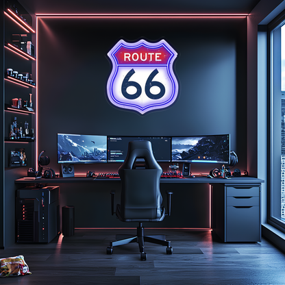 Route 66 Neon Duvar Dekoru | Retro Amerikan Karayolu Temalı LED Işıklı Tabela | Gamer & Bar Dekorasyonu