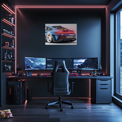 Mavi GT Tarzı Spor Araba UV Baskı Neon Duvar Dekoru | Pleksi Işıklı Tablo | Modern Ev ve Ofis Dekoru