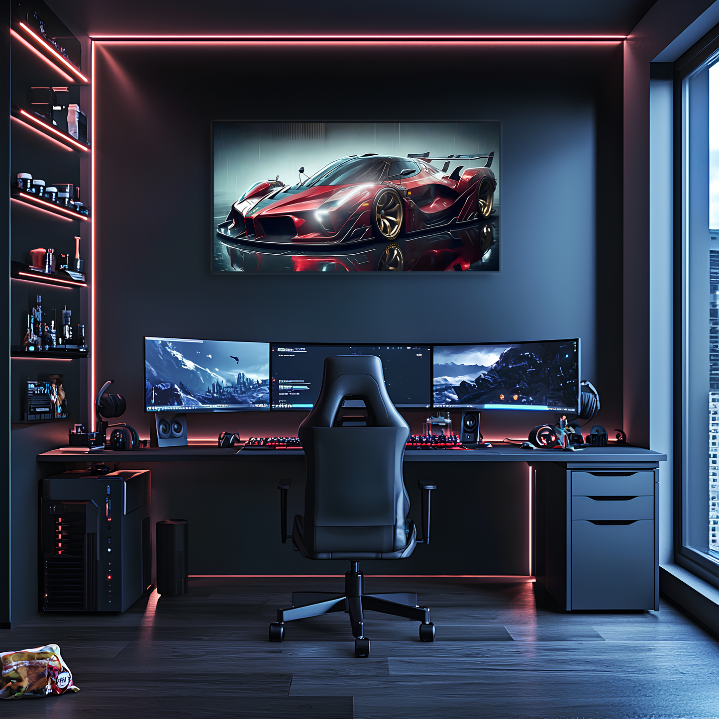Kırmızı Hypercar Tarzı UV Baskı Neon Duvar Dekoru | Pleksi Işıklı Spor Araba Tablo | Gamer Room Duvar Sanatı