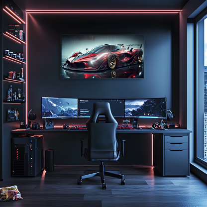 Kırmızı Hypercar Tarzı UV Baskı Neon Duvar Dekoru | Pleksi Işıklı Spor Araba Tablo | Gamer Room Duvar Sanatı