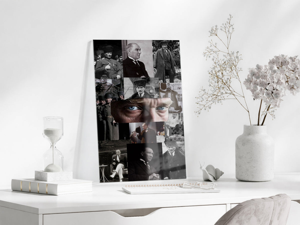 Atatürk Fotoğraf Kolajı Cam Tablo – Cumhuriyetin Kurucusu Temalı Özel Cam Duvar Tablosu -PeonyAta067