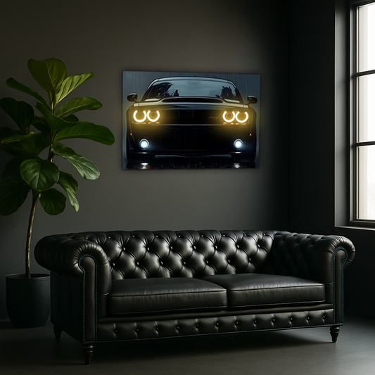 Siyah Muscle Car UV Baskı Neon Duvar Dekoru | Pleksi Işıklı Araba Tablo