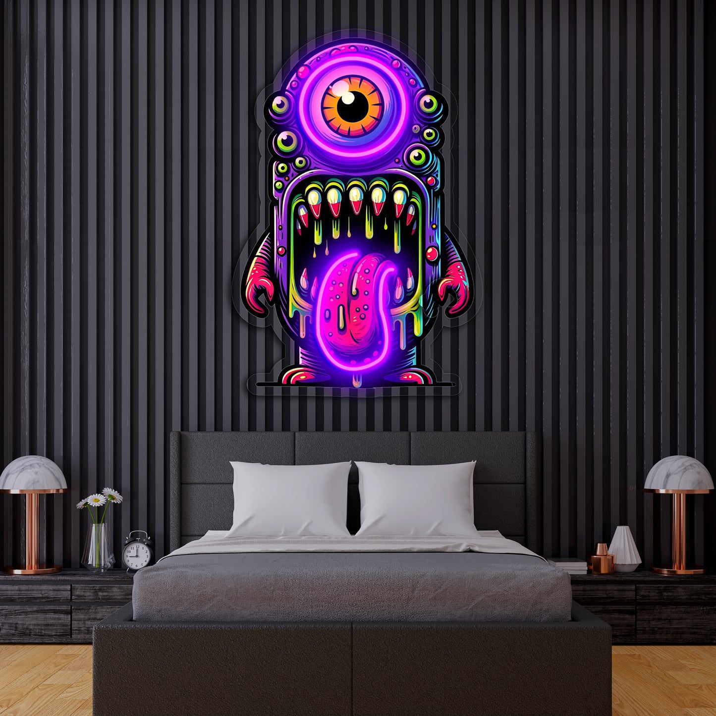 Renkli Canavar Neon Duvar Dekoru | Tek Gözlü Sanatsal LED Tablo | Pleksi UV Baskı Işıklı Pop Art Duvar Sanatı
