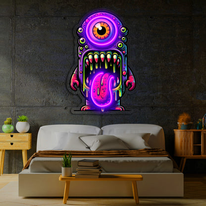 Renkli Canavar Neon Duvar Dekoru | Tek Gözlü Sanatsal LED Tablo | Pleksi UV Baskı Işıklı Pop Art Duvar Sanatı