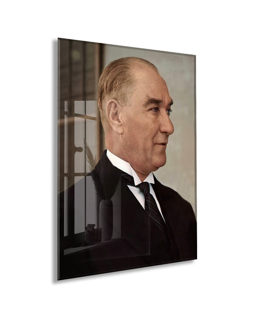 Atatürk Profil Portre Cam Tablo – Liderlik ve Vizyonu Yansıtan Modern 4 mm Temperli Cam Duvar