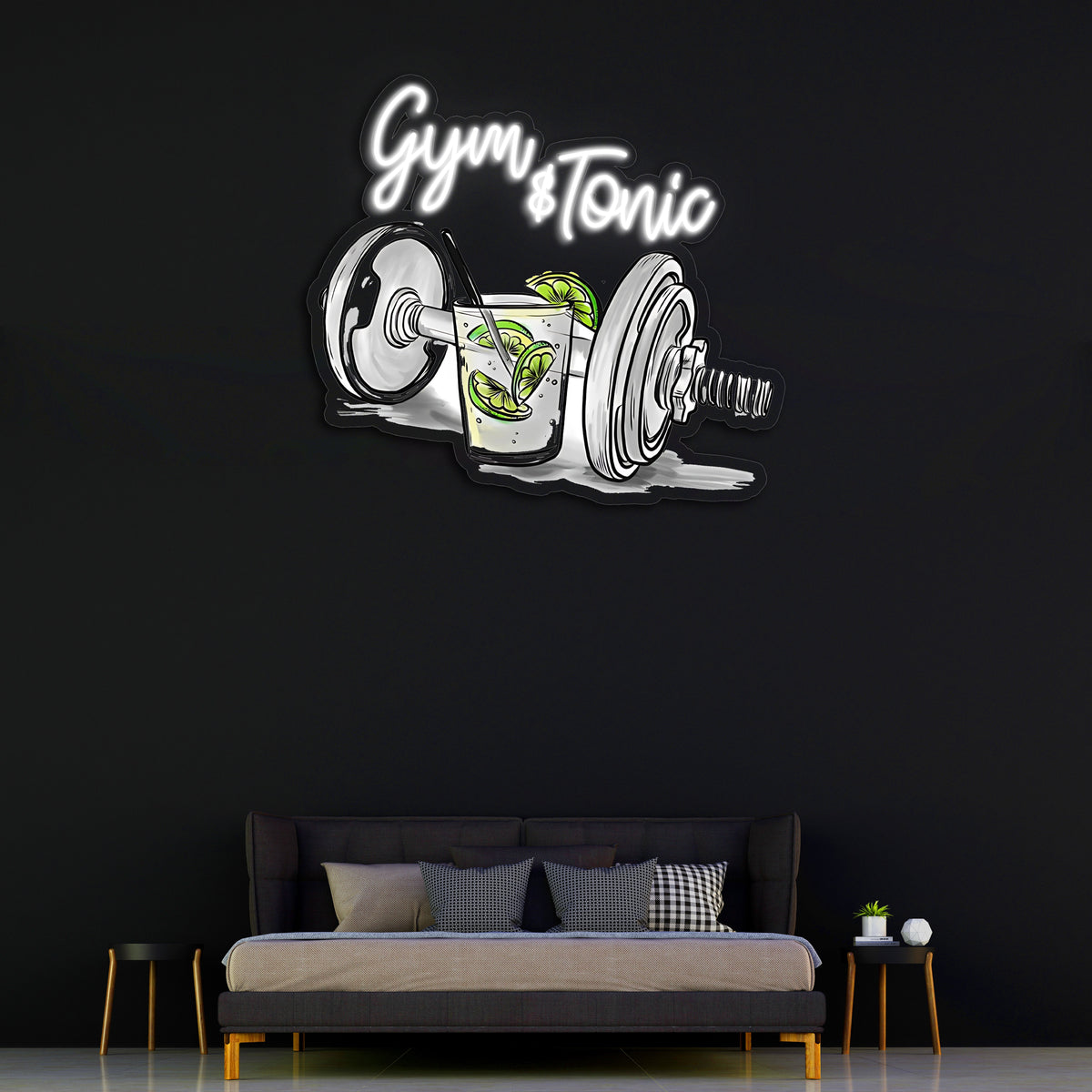 Gym & Tonic Neon Duvar Dekoru | Spor ve Kokteyl Temalı LED Işıklı Tablo | UV Baskı Pleksi Neon