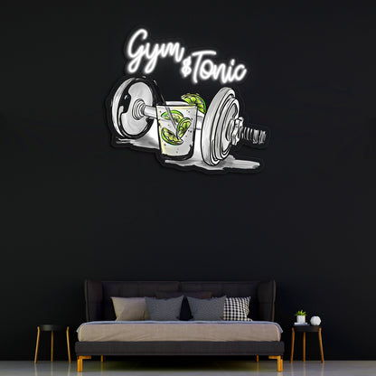 Gym & Tonic Neon Duvar Dekoru | Spor ve Kokteyl Temalı LED Işıklı Tablo | UV Baskı Pleksi Neon
