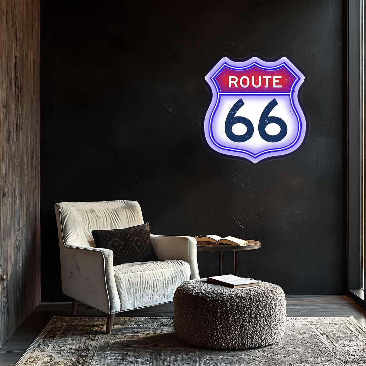 Route 66 Neon Duvar Dekoru | Retro Amerikan Karayolu Temalı LED Işıklı Tabela