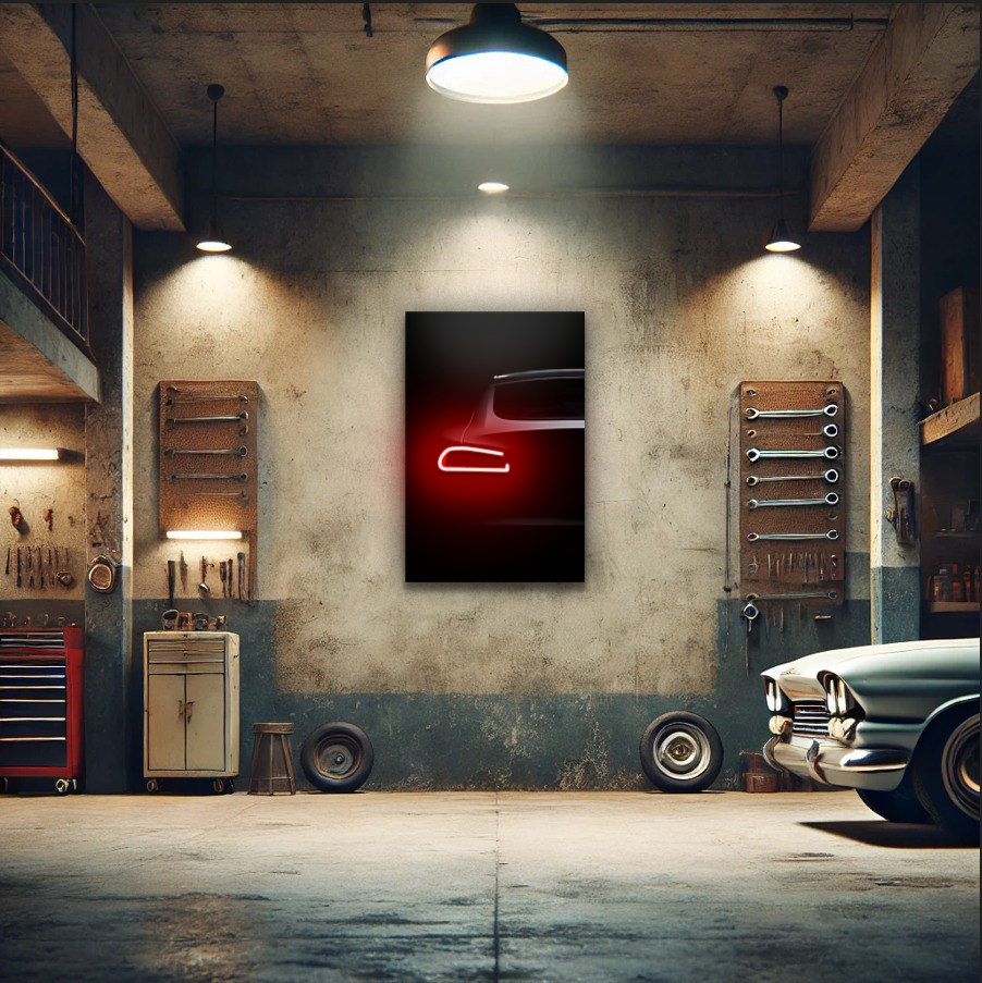 Minimalist Siyah Araba UV Baskı Neon Duvar Dekoru | Kırmızı Işıklı Pleksi Tablo | Modern Salon ve Ofis Duvar Sanatı