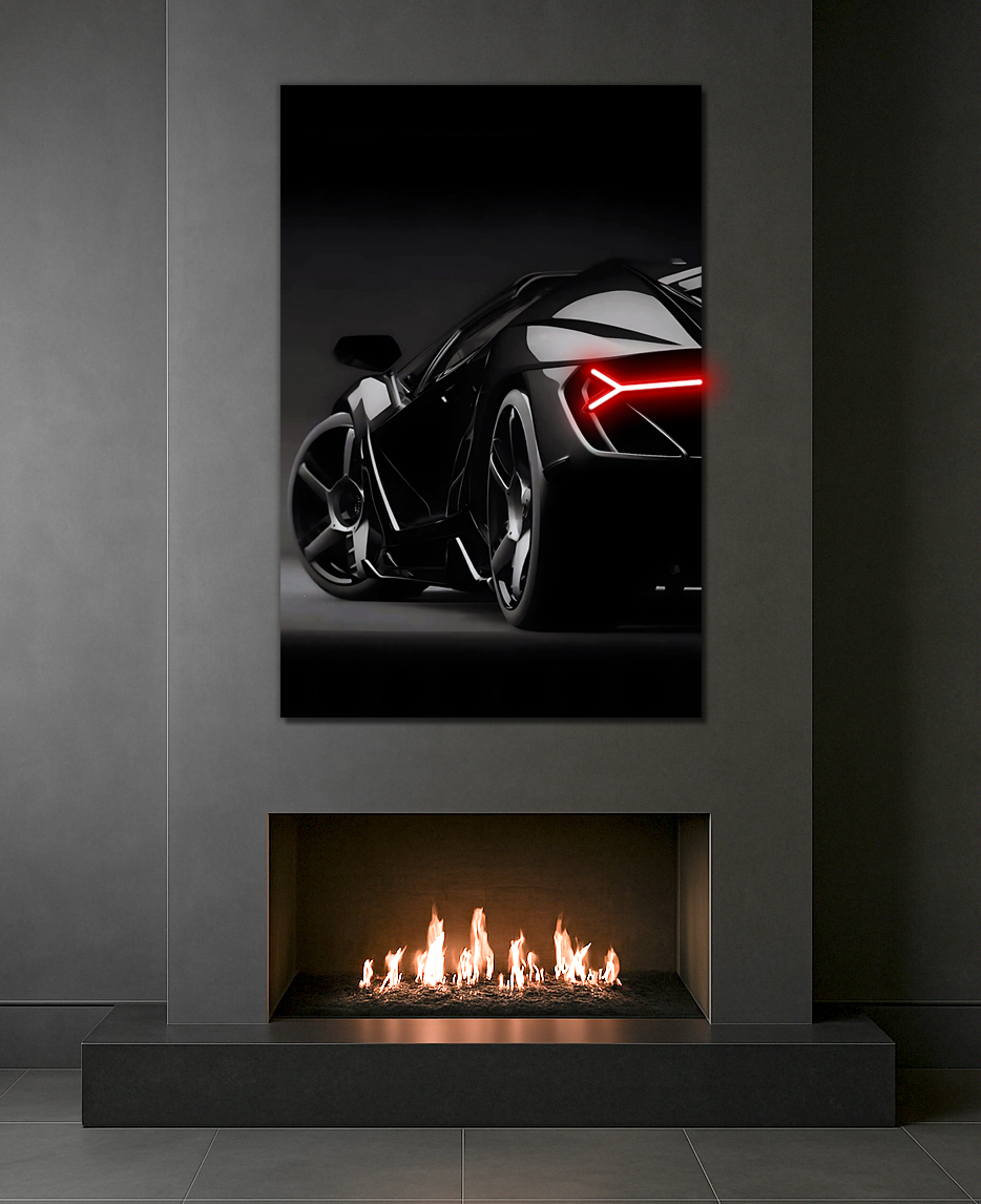 Siyah Süper Otomobil UV Baskı Neon Duvar Dekoru | Pleksi Üzeri LED Işıklı Tablo | Lüks Araç Duvar Sanatı