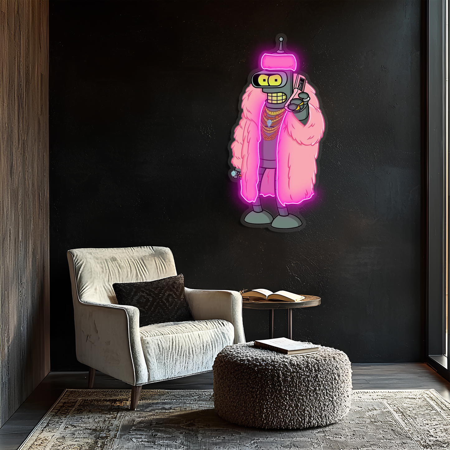 Pembe Ceketli Robot Neon Tablo | Oyun Odası LED Dekor