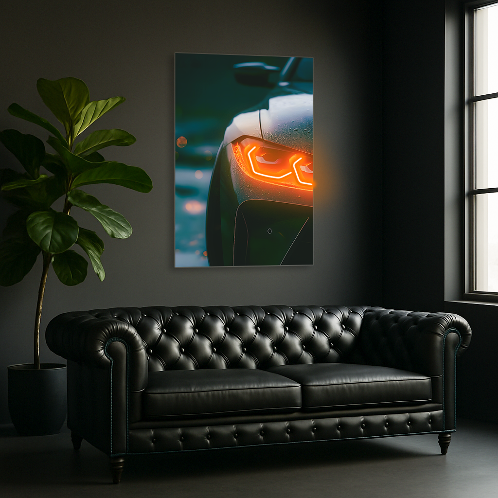 Turuncu Far Detaylı Spor Otomobil UV Baskı Neon Tablo | Pleksi LED Duvar Dekoru | Modern Otomobil Sanatı