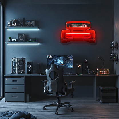 Kırmızı Spor Araba UV Baskı Neon Duvar Dekoru | Pleksi Işıklı Araba Tablo | Garaj ve Atölye Duvar Sanatı