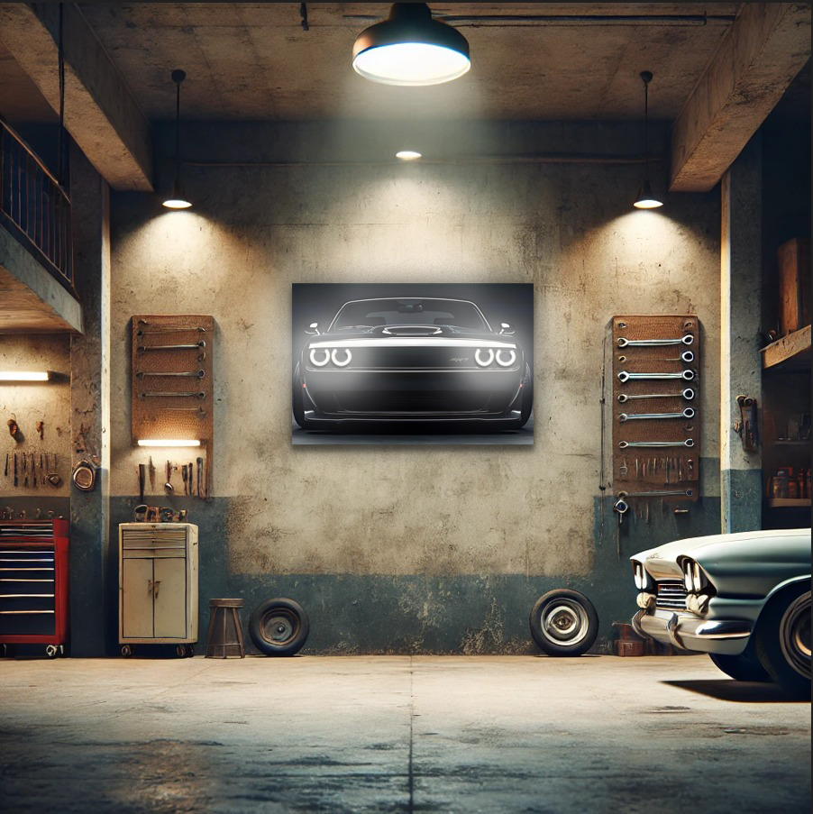 Araba UV Baskı Neon Duvar Dekoru | Parlak Far Efektli Pleksi Tablo | Modern Otomobil Temalı Duvar Sanatı