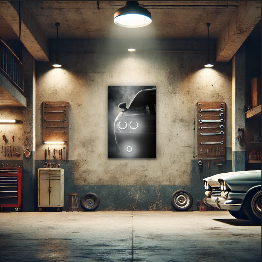 UV Baskı Neon Duvar Dekoru | Pleksi Işıklı Araba Tablo | Sisli Arka Planlı Modern Duvar Sanatı